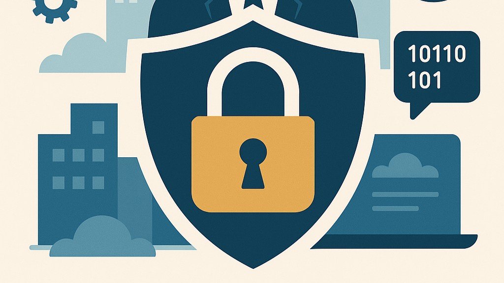 Symbolische Darstellung von IT-Sicherheit mit Schloss, Schild und Digitalisierungselementen – Fokus auf Datenschutz für KMU.